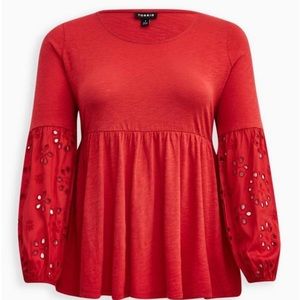 Cotton Modal Slub Scoop Neck Eyelet Sleeve Inset Babydoll Top Women’s Plus Sz 0